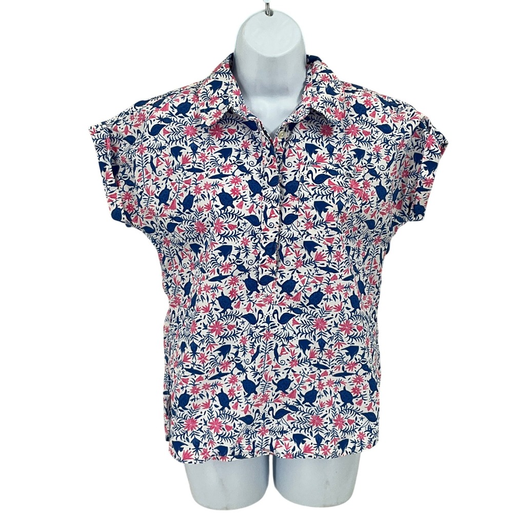 Vineyard Vines Shirt Women Size 0 White Pink Blue Cotton Floral Preppy Coastal